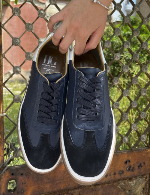 Ανδρικά μπλε δερμάτινα Sneakers με suede λεπτομέρεια HG177817