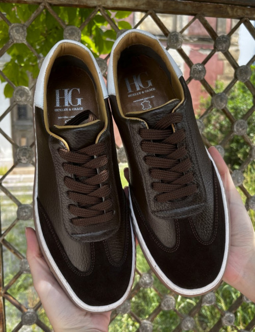 Ανδρικά καφέ δερμάτινα Sneakers με suede λεπτομέρεια HG177817K