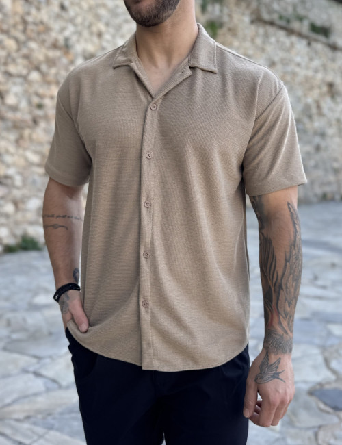 Ανδρικό πλεκτό καφέ κοντομάνικο πουκάμισο RMZ19134K