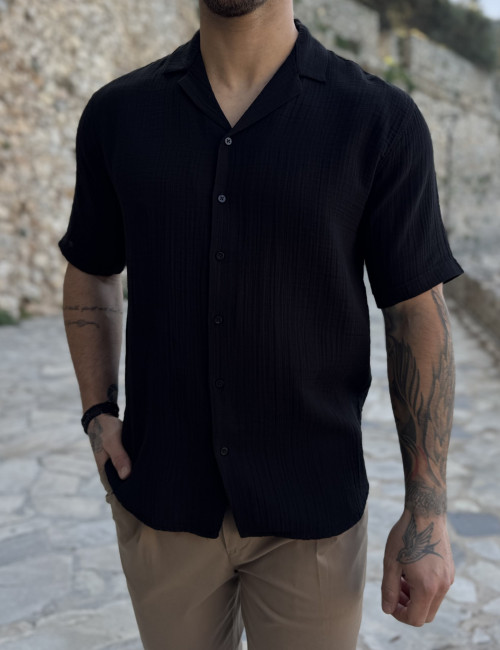 Ανδρικό μαύρο βαμβακερό κοντομάνικο πουκάμισο TST2555