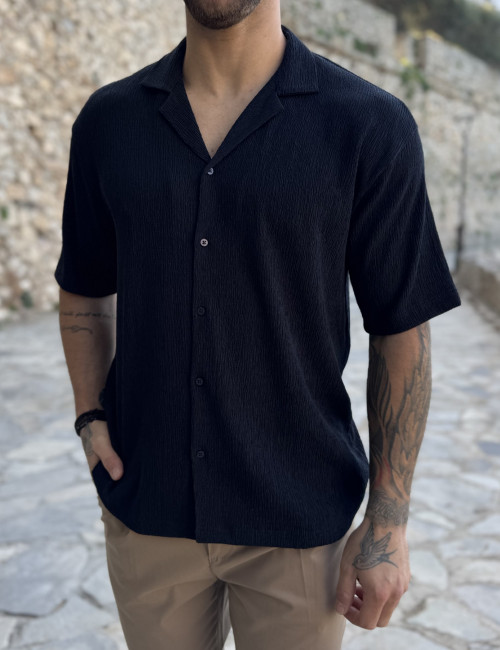 Ανδρικό μπλε κοντομάνικο πουκάμισο με σαγρέ ύφασμα TST2733N