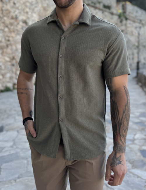 Ανδρικό λαδί πλεκτό κοντομάνικο πουκάμισο RMZ19132L