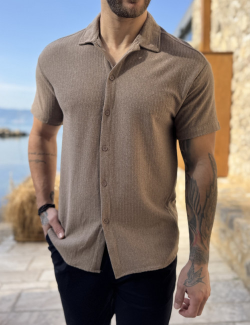 Ανδρικό καφέ πλεκτό κοντομάνικο πουκάμισο RMZ19132