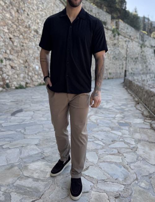 Ανδρικό μαύρο με ανάγλυφα σχέδια κοντομάνικο πουκάμισο RMZ19146