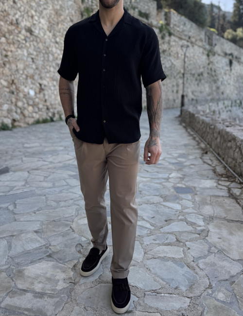 Ανδρικό μαύρο βαμβακερό κοντομάνικο πουκάμισο TST2555