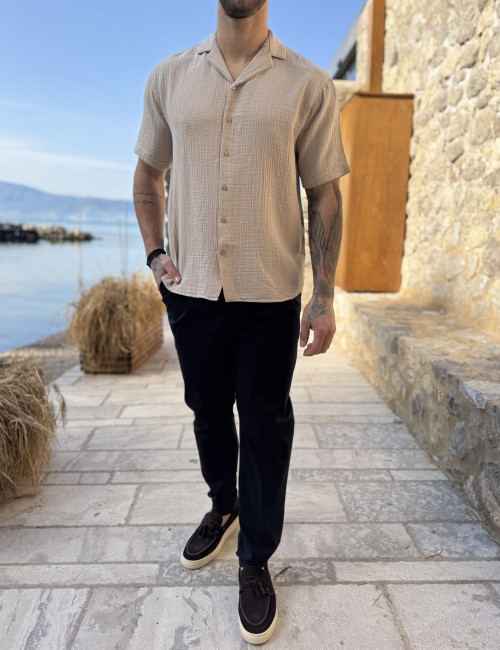 Ανδρικό μπεζ βαμβακερό κοντομάνικο πουκάμισο TST2555B