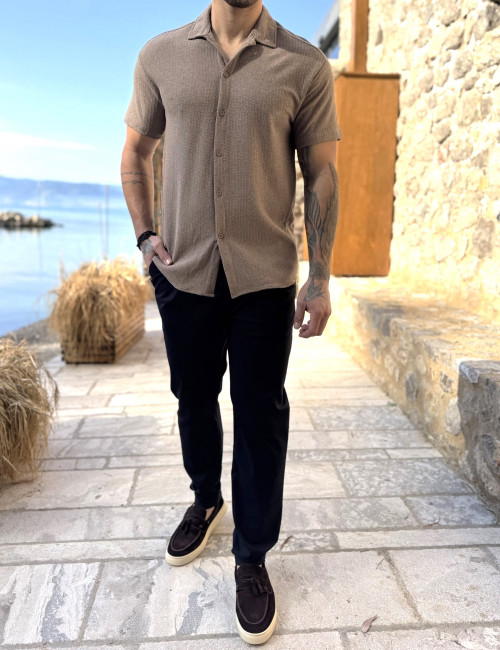 Ανδρικό καφέ πλεκτό κοντομάνικο πουκάμισο RMZ19132