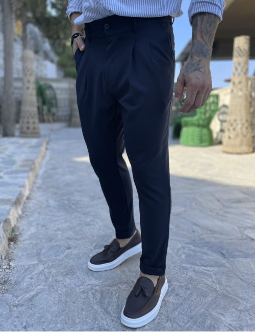 Ανδρικό μπλε υφασμάτινο παντελόνι με πιέτες και φάσα στην μέση FCL00395N