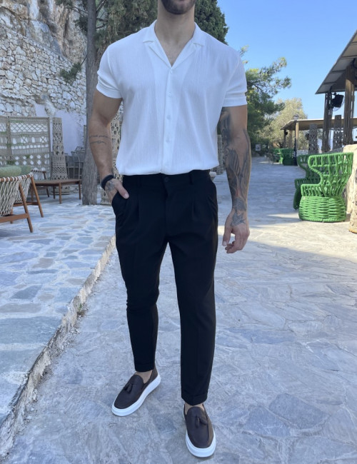 Ανδρικό μαύρο υφασμάτινο παντελόνι με πιέτες και φάσα στην μέση FCL00395
