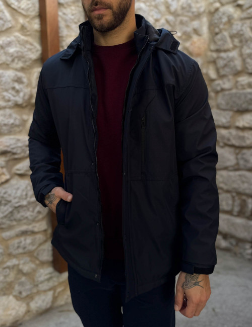 Ανδρικό μπλε μπουφάν με κουκούλα και τσέπες D3113B