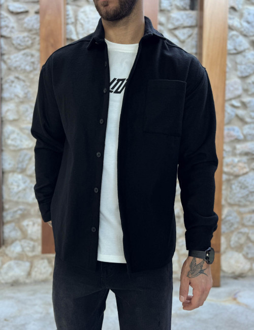 Ανδρικό μαύρο Overshirt με γιακά RMZ328M