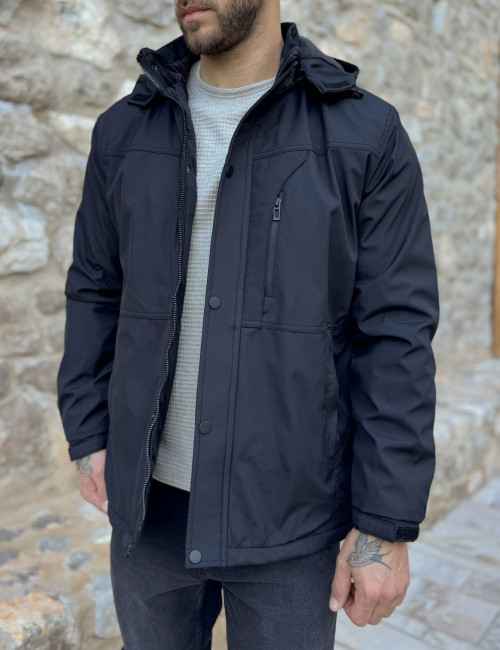 Ανδρικό μαύρο μπουφάν με κουκούλα και τσέπες D3113