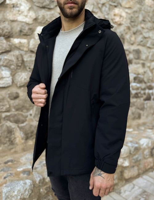 Ανδρικό μαύρο μπουφάν με κουκούλα και τσέπες D3356