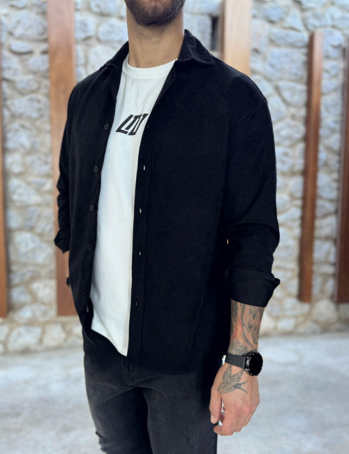 Ανδρικό μαύρο κοτλέ Overshirt με γιακά RMZ470M