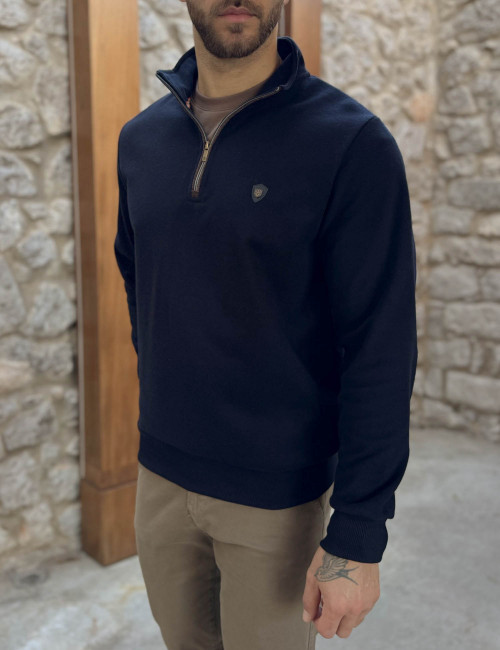 Everbest Ανδρική μπλε navy ριπ με βελούδινη υφή μπλούζα με γιακά και φερμουάρ 261039