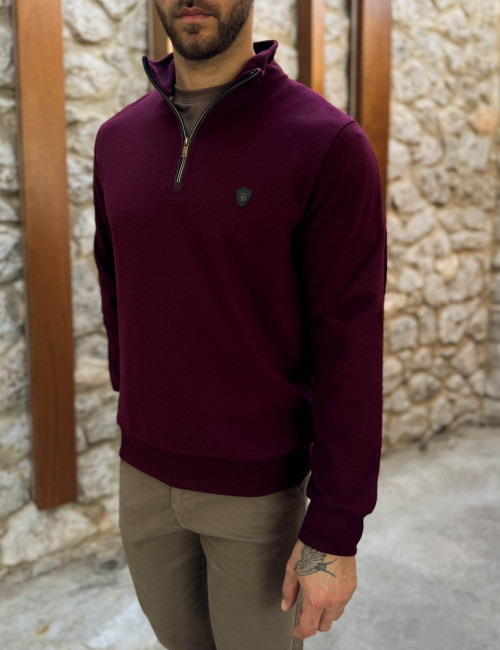 Everbest Ανδρική μπορντό ριπ με βελούδινη υφή μπλούζα με γιακά και φερμουάρ 261039B