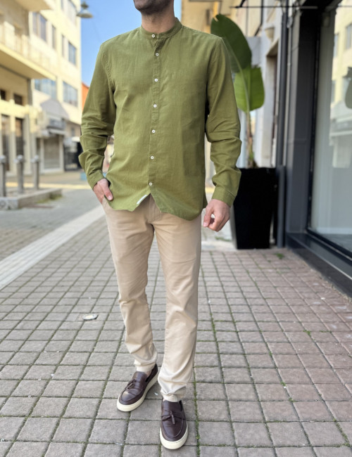 Ανδρικό λινό λαδί πουκάμισο με μάο γιακά 2347L