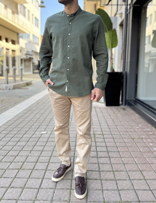 Ανδρικό λινό χακί πουκάμισο με μάο γιακά 2347X