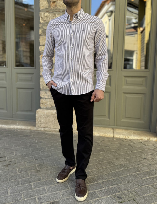 Ανδρικό μπορντό ριγέ βαμβακερό πουκάμισο 2224