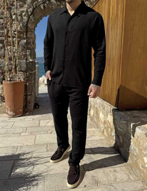 Marrakech ανδρικό λινό μαύρο πουκάμισο με γιακά TST2530