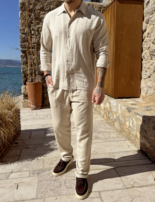 Marrakech ανδρικό λινό μπεζ πουκάμισο με γιακά TST2530B