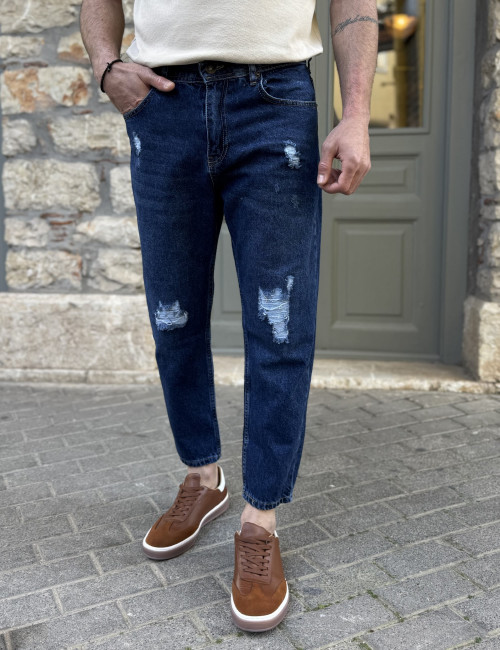 Ανδρικό σκούρο μπλε boyfriend τζιν πεντάτσεπο με σκισίματα 60236