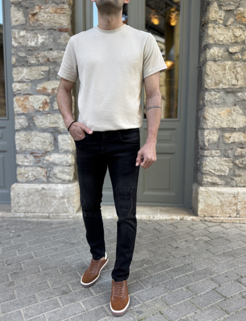 Ανδρικό μαύρο τζιν παντελόνι με φθορές Slim Fit 50825