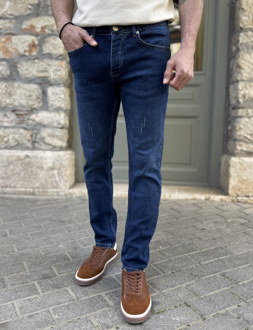 Ανδρικό μπλε τζιν παντελόνι με φθορές Slim Fit 51092