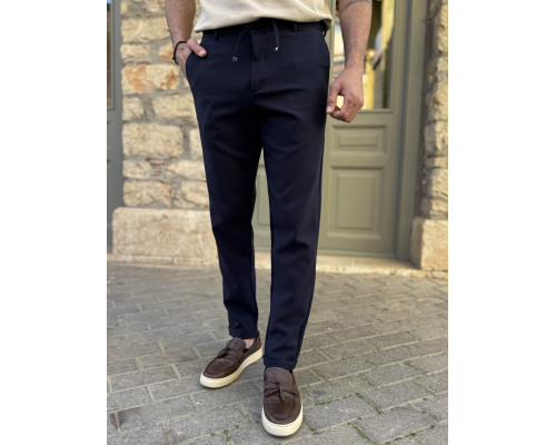 Ανδρικό υφασμάτινο μπλε παντελόνι με κορδόνι και κουμπί FCL5785N