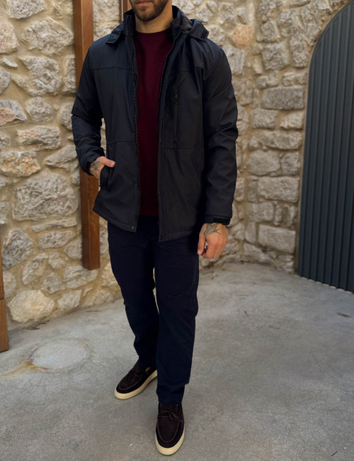 Ανδρικό μπλε μπουφάν με κουκούλα και τσέπες D3113B