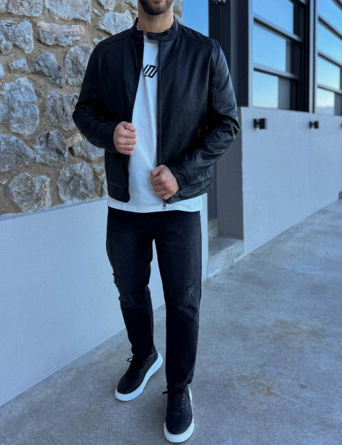 Ανδρικό μαύρο μπουφάν από δερματίνη με μάο γιακά G259823