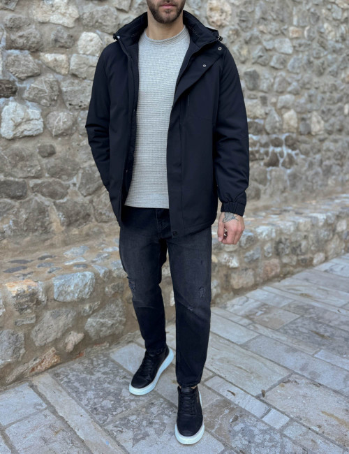 Ανδρικό μαύρο μπουφάν με κουκούλα και τσέπες D3356