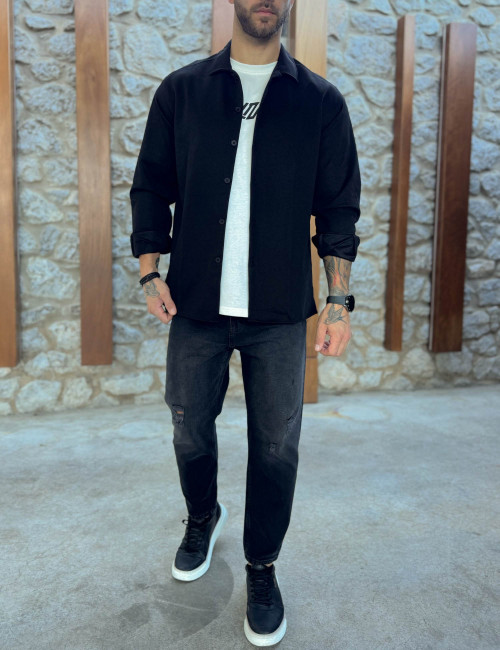 Ανδρικό μαύρο διαγωνάλ Overshirt με γιακά RMZ456