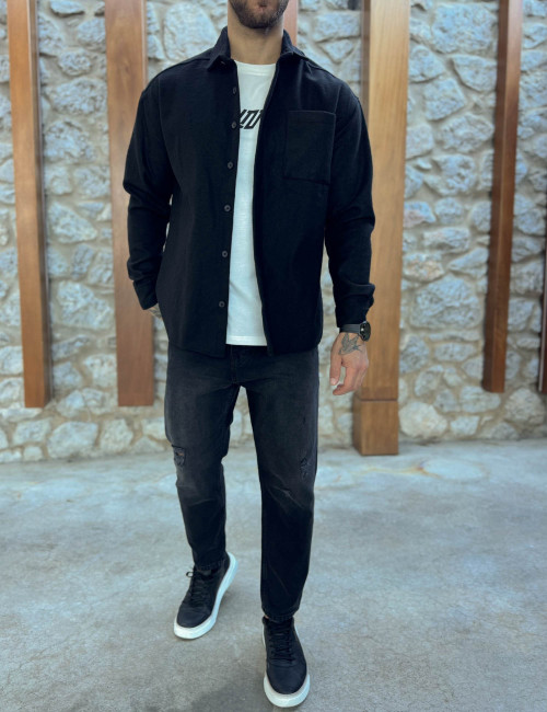 Ανδρικό μαύρο Overshirt με γιακά RMZ328M