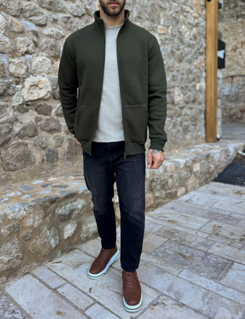 Origin ανδρική Plus Size χακί ζακέτα φούτερ με γιακά 251058