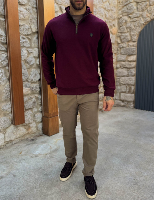 Everbest Ανδρική μπορντό ριπ με βελούδινη υφή μπλούζα με γιακά και φερμουάρ 261039B