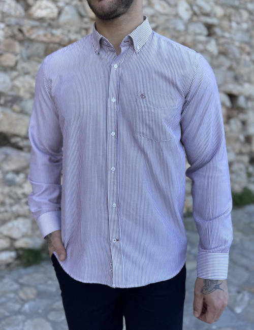 Ανδρικό μπορντό ριγέ πουκάμισο με γιακά και τσέπη στο στήθος 562B