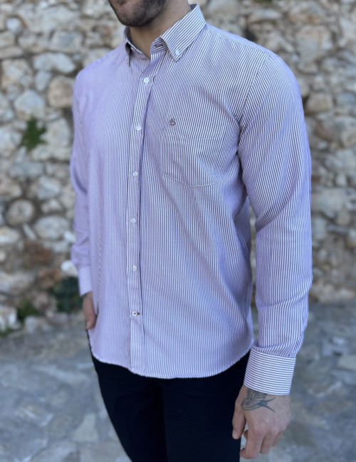 Ανδρικό μπορντό ριγέ πουκάμισο με γιακά και τσέπη στο στήθος 562B