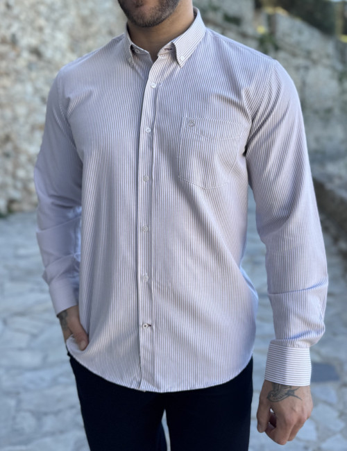 Ανδρικό μπεζ ριγέ πουκάμισο με γιακά και τσέπη στο στήθος 562S