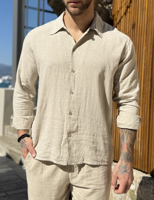 Marrakech ανδρικό λινό μπεζ πουκάμισο με γιακά TST2530B