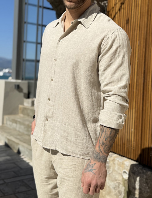 Marrakech ανδρικό λινό μπεζ πουκάμισο με γιακά TST2530B