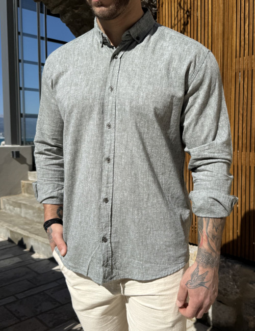 Ανδρικό λινό λαδί πουκάμισο με γιακά 9631K