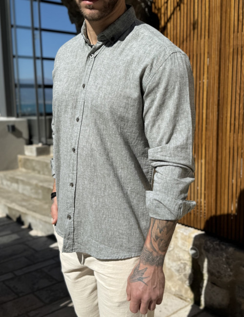 Ανδρικό λινό λαδί πουκάμισο με γιακά 9631K