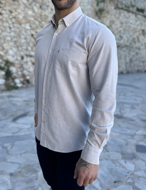 Ανδρικό μπεζ βαμβακερό πουκάμισο Oxford 966B