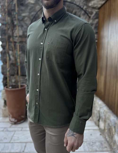 Ανδρικό χακί βαμβακερό πουκάμισο Oxford 966X