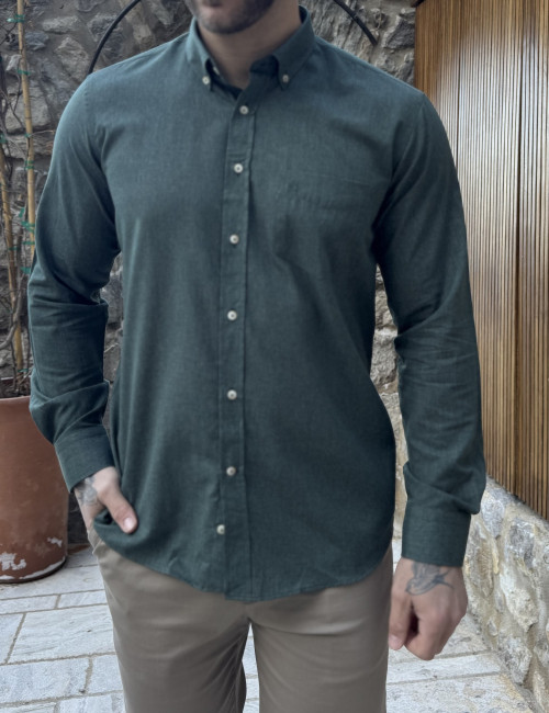 Ανδρικό σκούρο πράσινο βαμβακερό πουκάμισο με τσέπη 480P