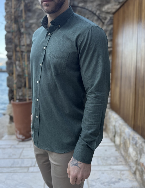 Ανδρικό σκούρο πράσινο βαμβακερό πουκάμισο με τσέπη 480P