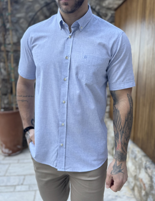 Ανδρικό κοντομάνικο σιέλ βαμβακερό πουκάμισο με τσέπη 145