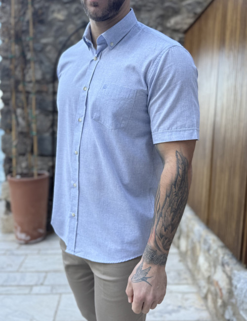 Ανδρικό κοντομάνικο σιέλ βαμβακερό πουκάμισο με τσέπη 145