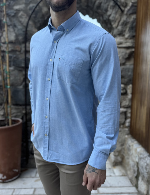 Ανδρικό σιέλ βαμβακερό πουκάμισο Oxford 966S